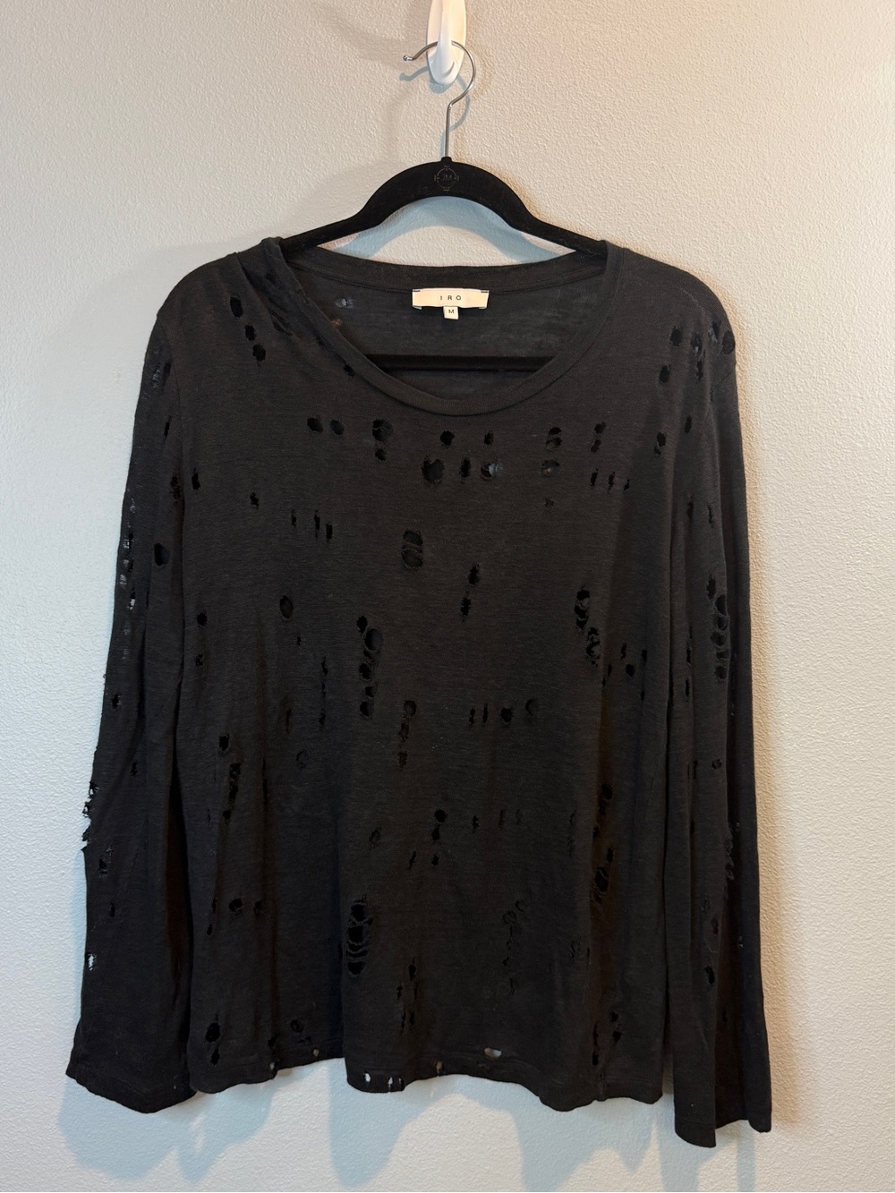 IRO Marvina Distressed Linen Long Sleeve Top Black M